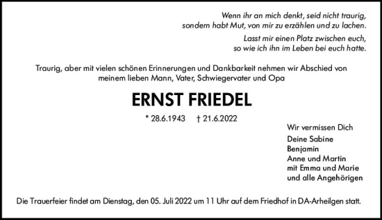 Traueranzeige von Ernst Friedel von vrm-trauer Darmstädter Echo