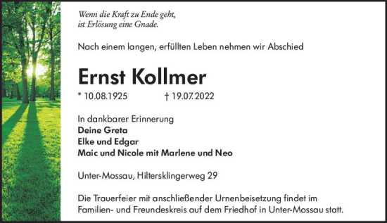 Traueranzeige von Ernst Kollrner von vrm-trauer Odenwälder Echo