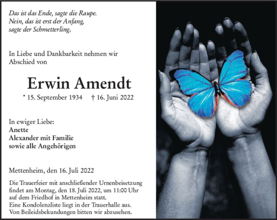Traueranzeige von Erwin Amendt von vrm-trauer Wormser Zeitung