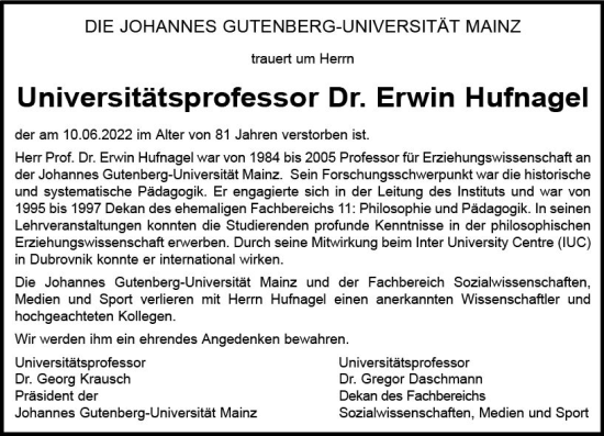 Traueranzeige von Erwin Hufnagel von vrm-trauer AZ Mainz