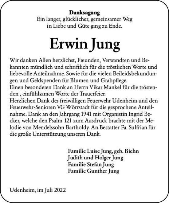 Traueranzeige von Erwin Jung von vrm-trauer Allgemeine Zeitung Alzey