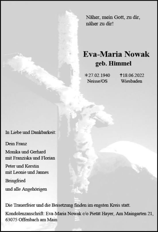 Traueranzeige von Eva-Maria Nowak von vrm-trauer Wiesbadener Kurier