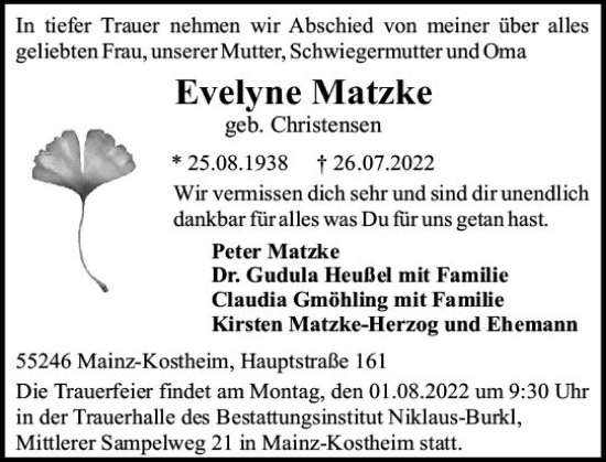 Traueranzeige von Evelyne Matzke von vrm-trauer AZ Mainz