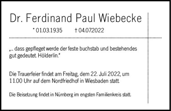 Traueranzeige von Ferdinand Paul Wiebecke von vrm-trauer Wiesbadener Kurier