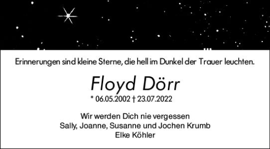Traueranzeige von Floyd Dörr von vrm-trauer Groß-Gerauer Echo