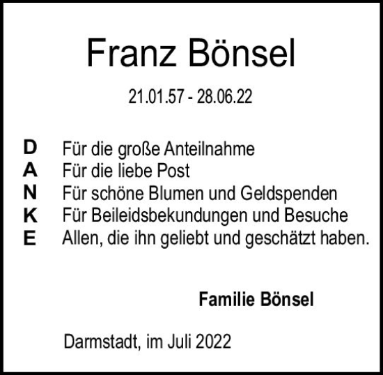 Traueranzeige von Franz Bönsel von vrm-trauer Darmstädter Echo