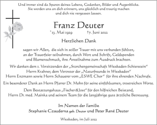 Traueranzeige von Franz Deuter von vrm-trauer Wiesbadener Kurier