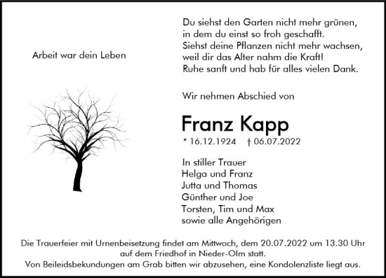 Traueranzeige von Franz Kapp von vrm-trauer AZ Mainz