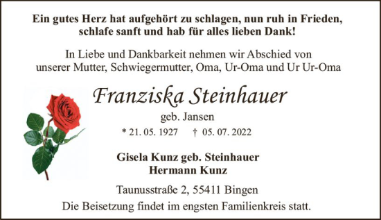 Traueranzeige von Franziska Steinhauer von vrm-trauer Allgemeine  Zeitung Ingelheim-Bingen