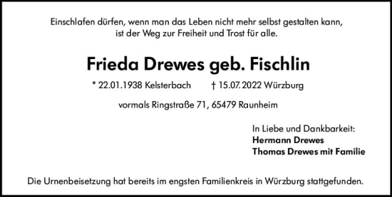 Traueranzeige von Frieda Drewes von vrm-trauer Rüsselsheimer Echo / MainSpitze