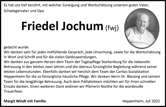 Traueranzeige von Friedel Jochum von vrm-trauer Bürstädter/Lamperth. Ztg/Starkenburger