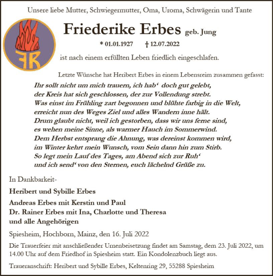 Traueranzeige von Friederike Erbes von vrm-trauer Allgemeine Zeitung Alzey