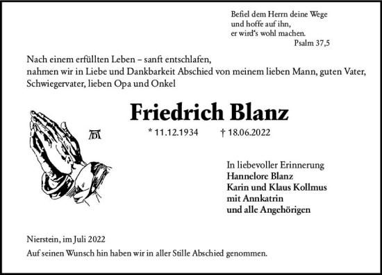 Traueranzeige von Friedrich Blanz von vrm-trauer AZ Mainz