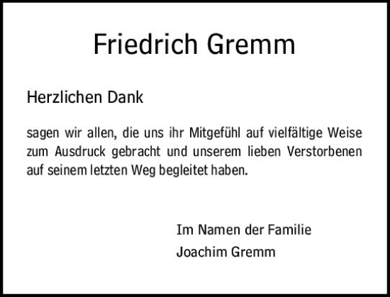 Traueranzeige von Friedrich Gremm von vrm-trauer Bürstädter/Lamperth. Ztg/Starkenburger