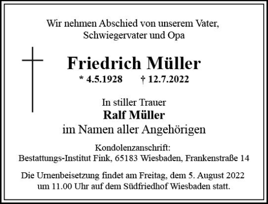 Traueranzeige von Friedrich Müller von vrm-trauer Wiesbadener Kurier
