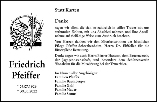 Traueranzeige von Friedrich Pfeiffer von vrm-trauer Allgemeine Zeitung Alzey