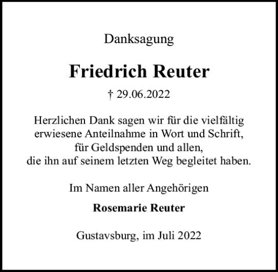Traueranzeige von Friedrich Reuter von vrm-trauer AZ Mainz