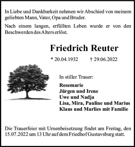Traueranzeige von Friedrich Reuter von vrm-trauer AZ Mainz
