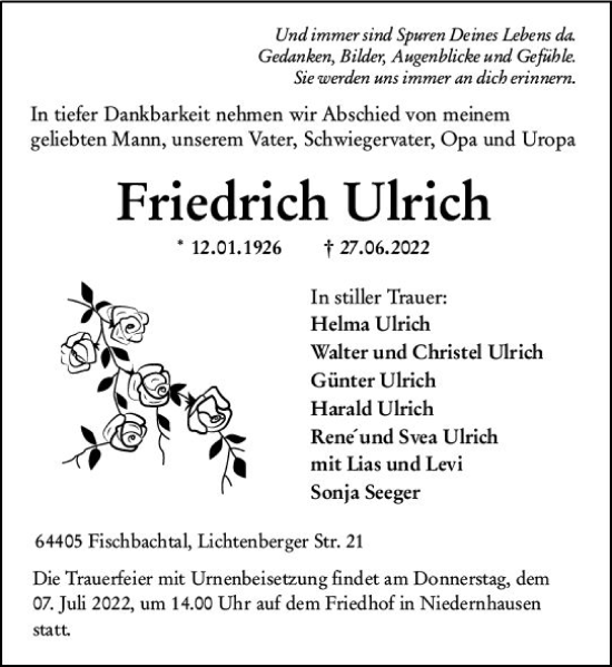 Traueranzeige von Friedrich Ulrich von vrm-trauer Darmstädter Echo