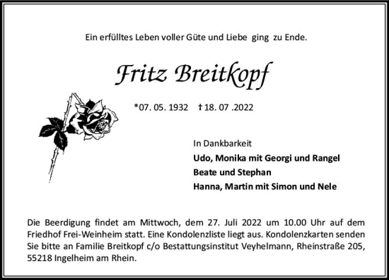 Traueranzeige von Fritz Breitkopf von vrm-trauer Allgemeine  Zeitung Ingelheim-Bingen
