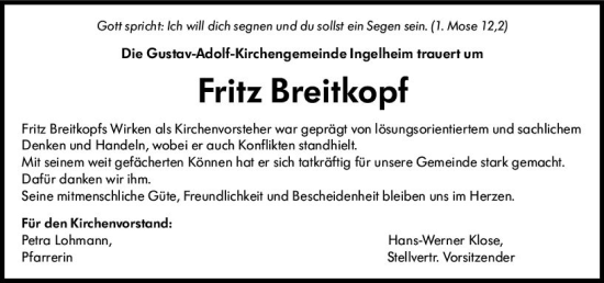 Traueranzeige von Fritz Breitkopf von vrm-trauer Allgemeine  Zeitung Ingelheim-Bingen