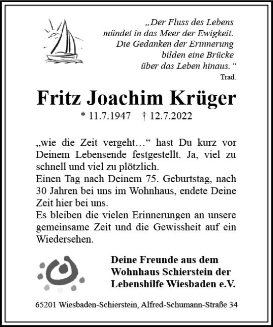 Traueranzeige von Fritz Joachim Krüger von vrm-trauer Wiesbadener Kurier