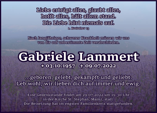 Traueranzeige von Gabriele Lammert von vrm-trauer AZ Mainz