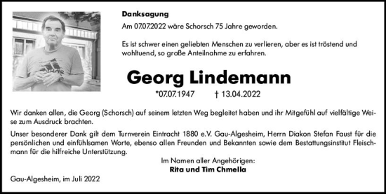 Traueranzeige von Georg Lindemann von vrm-trauer Allgemeine  Zeitung Ingelheim-Bingen