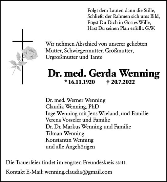 Traueranzeige von Gerda Wenning von vrm-trauer Wiesbadener Kurier