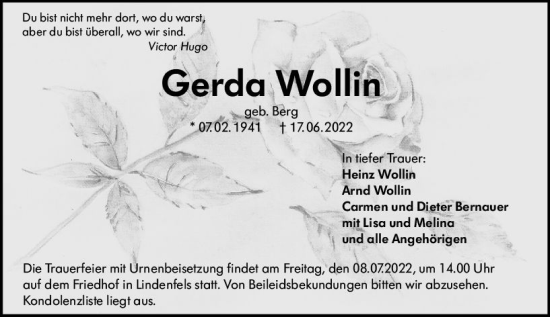 Traueranzeige von Gerda Wollin von vrm-trauer Bürstädter/Lamperth. Ztg/Starkenburger