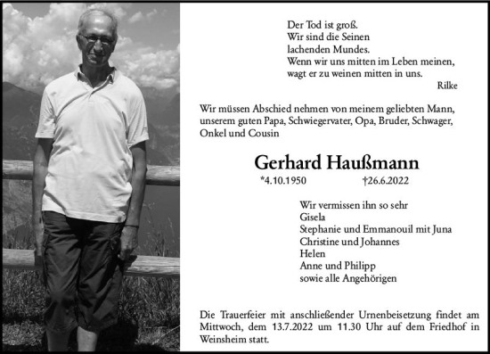 Traueranzeige von Gerhard Haußmann von vrm-trauer Wormser Zeitung