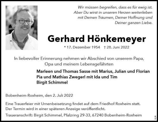 Traueranzeige von Gerhard Hönkemeyer von vrm-trauer Wormser Zeitung