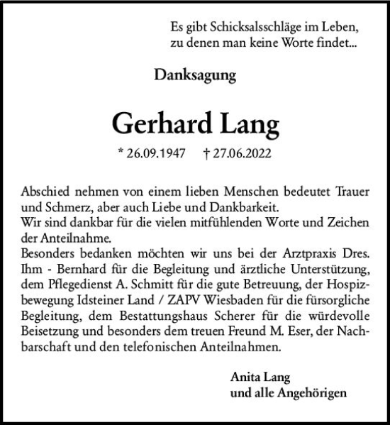 Traueranzeige von Gerhard Lang von vrm-trauer Idsteiner Zeitung