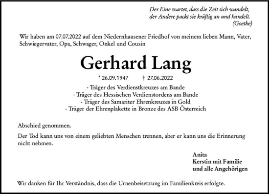 Traueranzeige von Gerhard Lang von vrm-trauer Idsteiner Zeitung