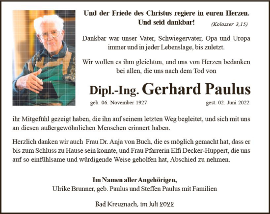 Traueranzeige von Gerhard Paulus von vrm-trauer Allg. Zeitung Bad Kreuznach