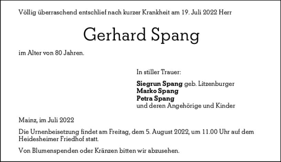 Traueranzeige von Gerhard Spang von vrm-trauer Allgemeine  Zeitung Ingelheim-Bingen