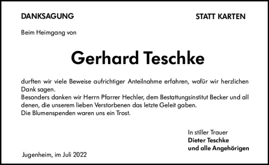 Traueranzeige von Gerhard Teschke von vrm-trauer Darmstädter Echo