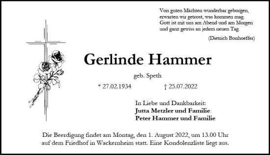 Traueranzeige von Gerlinde Hammer von vrm-trauer Allgemeine  Zeitung Ingelheim-Bingen