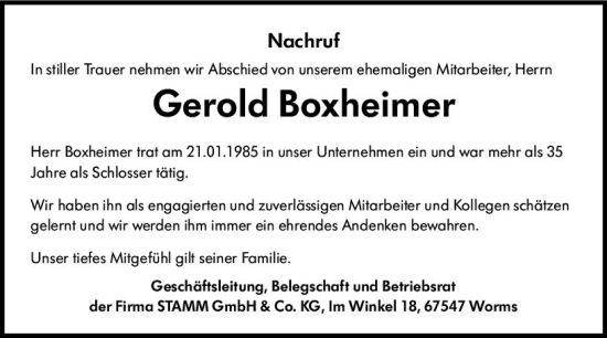 Traueranzeige von Gerold Boxheimer von vrm-trauer Wormser Zeitung