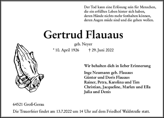 Traueranzeige von Gertrud Flauaus von vrm-trauer Groß-Gerauer Echo
