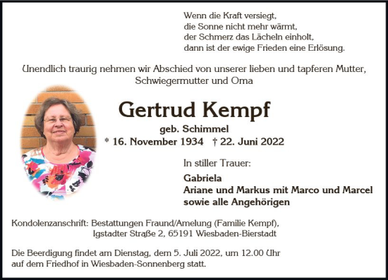 Traueranzeige von Gertrud Kempf von vrm-trauer Wiesbadener Kurier