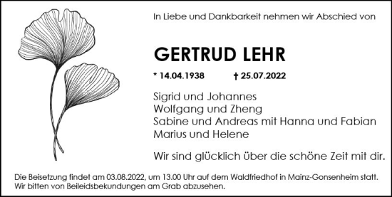 Traueranzeige von Gertrud Lehr von vrm-trauer AZ Mainz