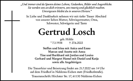 Traueranzeige von Gertrud Losch von vrm-trauer Wiesbadener Kurier