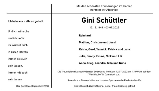 Traueranzeige von Gini Schüttler von vrm-trauer Darmstädter Echo