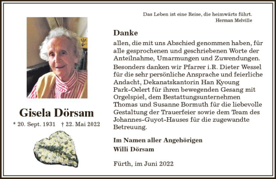 Traueranzeige von Gisela Dörsam von vrm-trauer Bürstädter/Lamperth. Ztg/Starkenburger