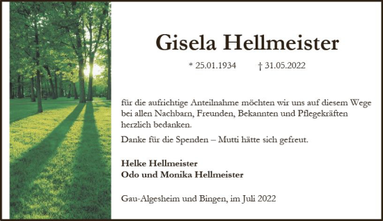 Traueranzeige von Gisela Hellmeister von vrm-trauer Allgemeine  Zeitung Ingelheim-Bingen