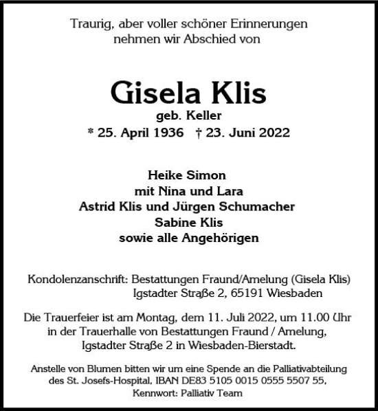 Traueranzeige von Gisela Klis von vrm-trauer Wiesbadener Kurier