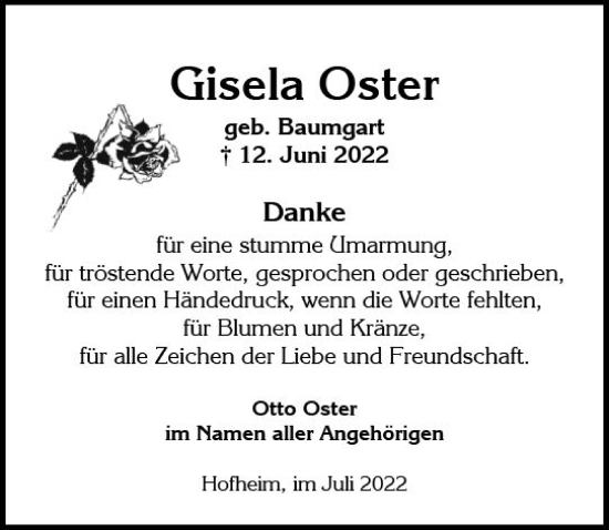Traueranzeige von Gisela Oster von vrm-trauer Wiesbadener Kurier