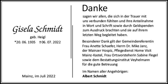 Traueranzeige von Gisela Schmidt von vrm-trauer AZ Mainz