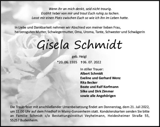 Traueranzeige von Gisela Schmidt von vrm-trauer AZ Mainz